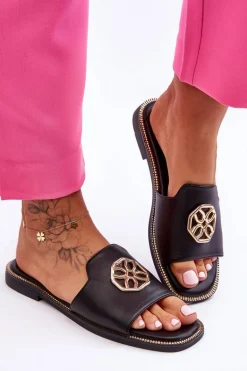 Damskie Klasyczne Klapki Na Płaskim Obcasie Czarne Larotte