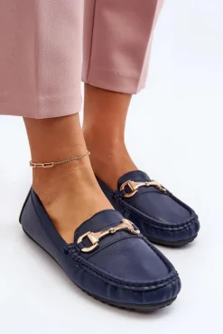 Damskie Klasyczne Mokasyny Eko Skórzane Granatowe Demese