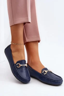 Damskie Klasyczne Mokasyny Eko Skórzane Granatowe Demese