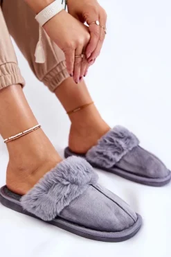 Damskie Klasyczne Papcie Z Futerkiem Szare Lorines