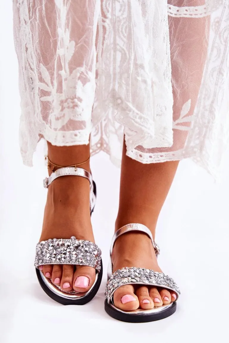 Damskie Klasyczne Sandałki Z Ozdobami Srebrne Florella