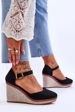 Damskie Klasyczne Sandały Na Koturnie Czarne Malani