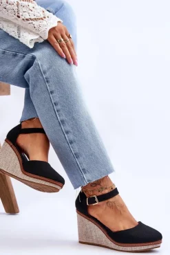 Damskie Klasyczne Sandały Na Koturnie Czarne Malani