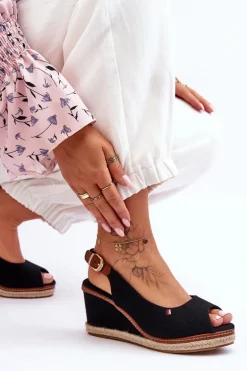 Damskie Klasyczne Sandały Na Koturnie Czarne Katie