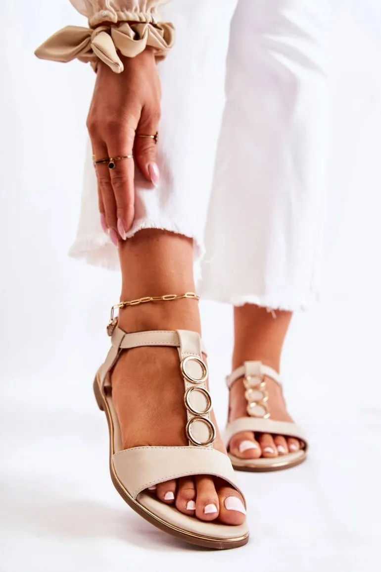 Damskie Klasyczne Sandały Z Ozdobnym Paskiem Beżowe Terina