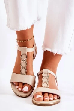 Damskie Klasyczne Sandały Z Ozdobnym Paskiem Beżowe Terina