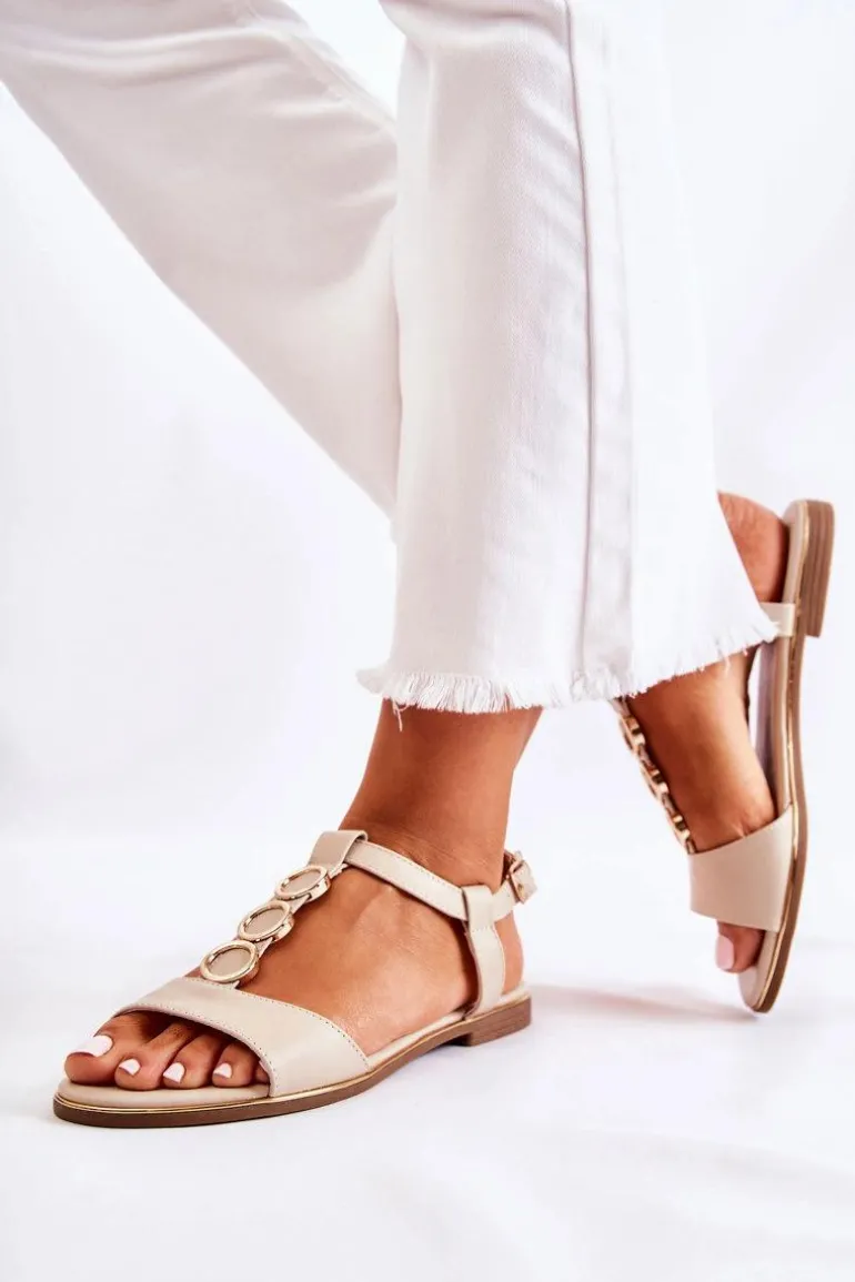 Damskie Klasyczne Sandały Z Ozdobnym Paskiem Beżowe Terina