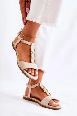 Damskie Klasyczne Sandały Z Ozdobnym Paskiem Beżowe Terina