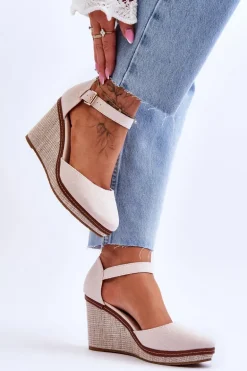 Damskie Klasyczne Sandały Na Koturnie Beżowe Malani