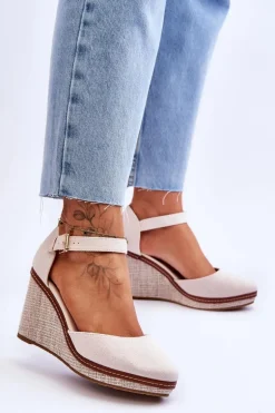 Damskie Klasyczne Sandały Na Koturnie Beżowe Malani