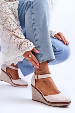 Damskie Klasyczne Sandały Na Koturnie Beżowe Malani