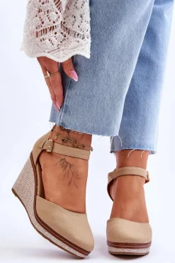 Damskie Klasyczne Sandały Na Koturnie Ciemnobeżowe Malani