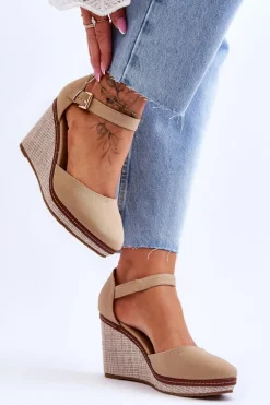 Damskie Klasyczne Sandały Na Koturnie Ciemnobeżowe Malani