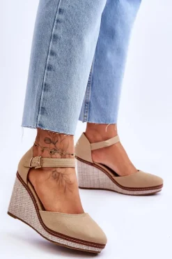 Damskie Klasyczne Sandały Na Koturnie Ciemnobeżowe Malani