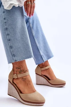 Damskie Klasyczne Sandały Na Koturnie Ciemnobeżowe Malani