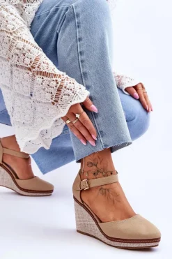 Damskie Klasyczne Sandały Na Koturnie Ciemnobeżowe Malani