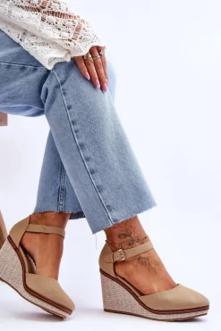 Damskie Klasyczne Sandały Na Koturnie Ciemnobeżowe Malani