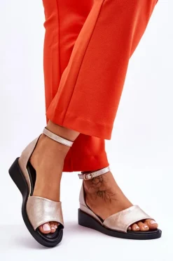 Damskie Klasyczne Skórzane Sandały Na Koturnie Złote Truett