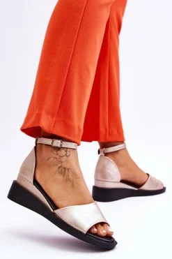 Damskie Klasyczne Skórzane Sandały Na Koturnie Złote Truett