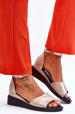 Damskie Klasyczne Skórzane Sandały Na Koturnie Złote Truett