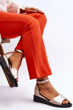 Damskie Klasyczne Skórzane Sandały Na Koturnie Złote Truett