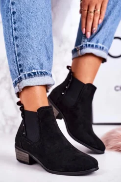 Damskie Klasyczne Sztyblety Botki Zamszowe Czarne Walker