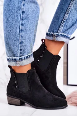 Damskie Klasyczne Sztyblety Botki Zamszowe Czarne Walker