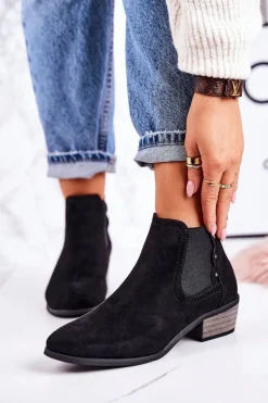 Damskie Klasyczne Sztyblety Botki Zamszowe Czarne Walker