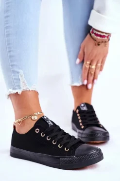 Damskie Klasyczne Trampki Czarne Ze Złotymi Oczkami Ecoma