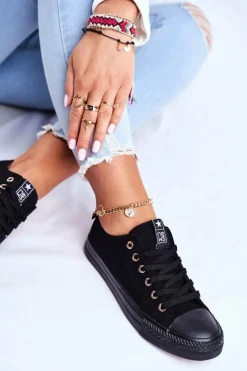Damskie Klasyczne Trampki Czarne Ze Złotymi Oczkami Ecoma