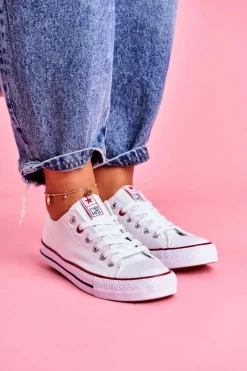 Damskie Klasyczne Trampki Białe Z Czerwoną Lamówką Ecoma