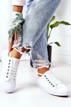 Damskie Klasyczne Trampki Białe Ze Srebrnymi Oczkami Ecoma