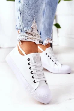 Damskie Klasyczne Trampki Białe Ze Srebrnymi Oczkami Ecoma