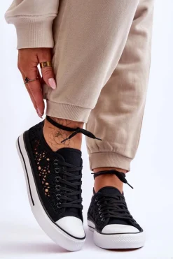 Damskie Koronkowe Materiałowe Trampki Czarne Fergo