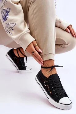 Damskie Koronkowe Materiałowe Trampki Czarne Fergo