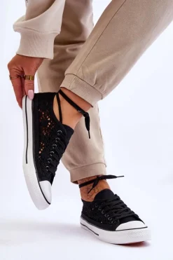 Damskie Koronkowe Materiałowe Trampki Czarne Fergo