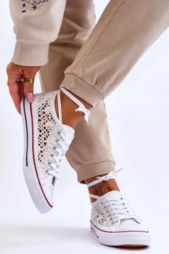 Damskie Koronkowe Materiałowe Trampki Białe Fergo