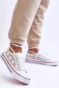 Damskie Koronkowe Materiałowe Trampki Białe Fergo