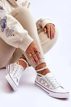 Damskie Koronkowe Materiałowe Trampki Białe Fergo