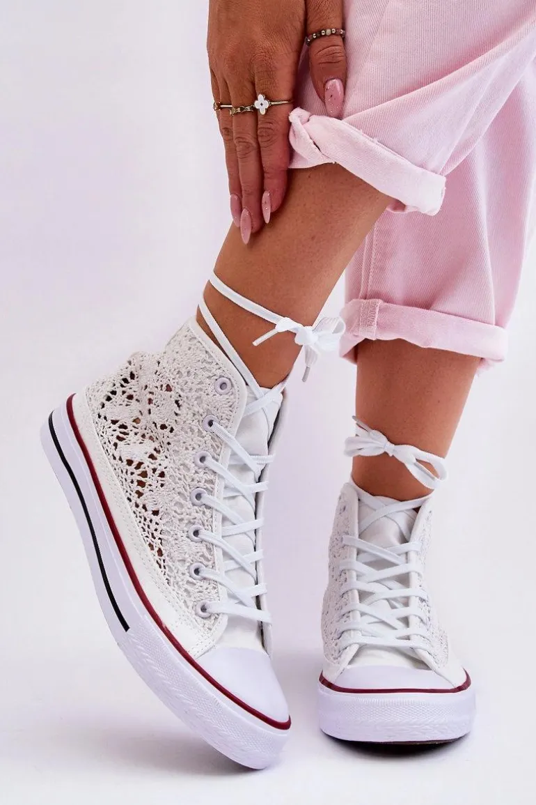 Damskie Koronkowe Wysokie Trampki Białe Cornella