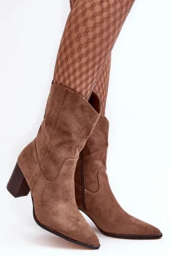 Damskie Kowbojki Botki Na Słupku Ciemnobeżowe Danell