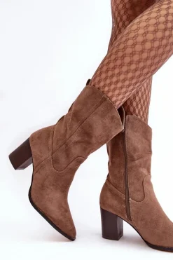 Damskie Kowbojki Botki Na Słupku Ciemnobeżowe Danell