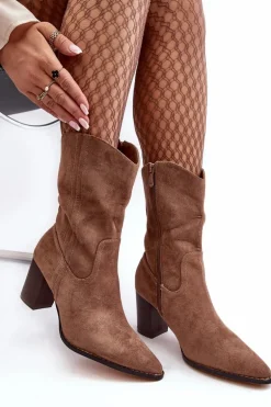 Damskie Kowbojki Botki Na Słupku Ciemnobeżowe Danell