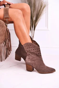 Damskie Kowbojskie Botki Na Słupku Zamszowe Brązowe Emily
