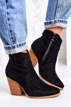 Damskie Kowbojskie Ocieplane Botki Na Słupku Czarne Margaret