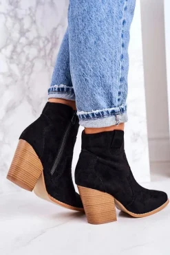 Damskie Kowbojskie Ocieplane Botki Na Słupku Czarne Margaret