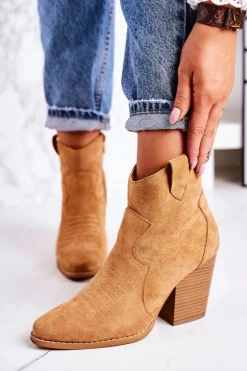 Damskie Kowbojskie Ocieplane Botki Na Słupku Karmelowe Margaret