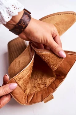 Damskie Kowbojskie Ocieplane Botki Na Słupku Karmelowe Margaret