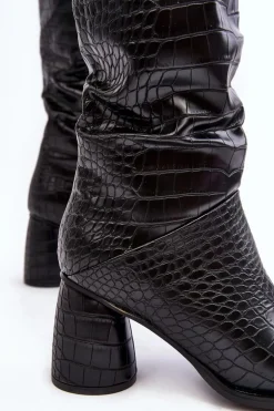 Damskie Kozaki Do Kolana Na Słupku Wężowy Wzór Czarne Ceriona