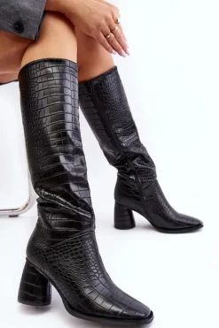Damskie Kozaki Do Kolana Na Słupku Wężowy Wzór Czarne Ceriona